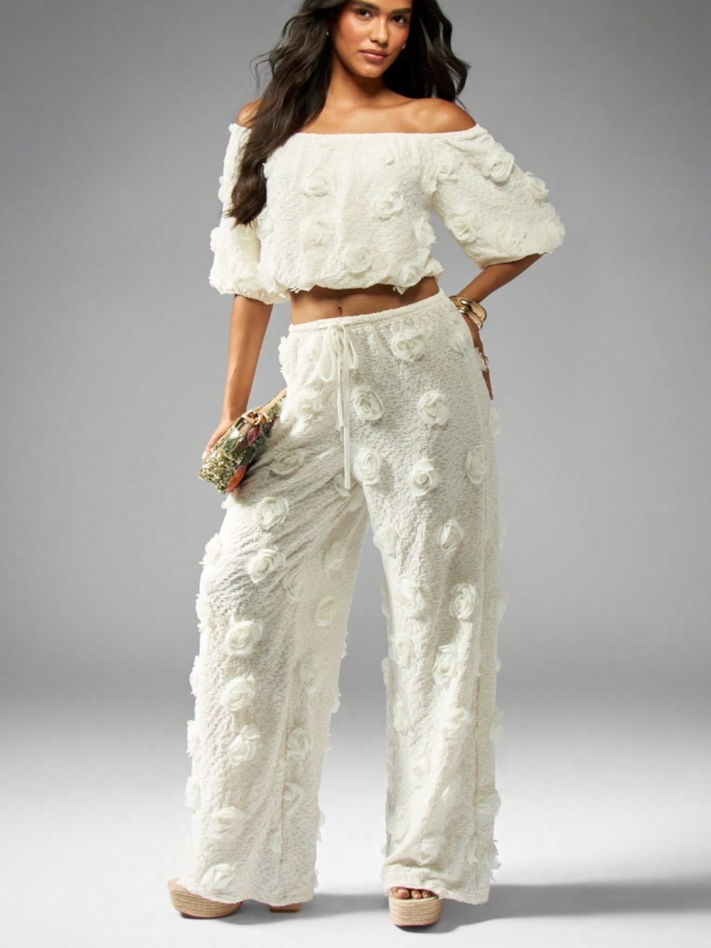 Off-Shoulder Cream Wide-Leg Floral Appliqué Pants Set